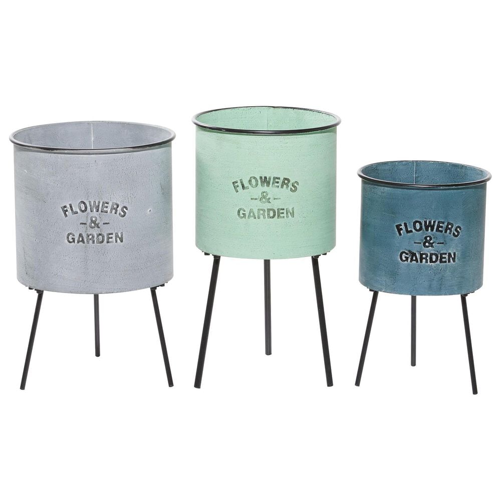 Maple and Jade Flowers and Garden Text Planter in Whitewashed Blue, Green and Gray &#40;Set of 3&#41;, , large