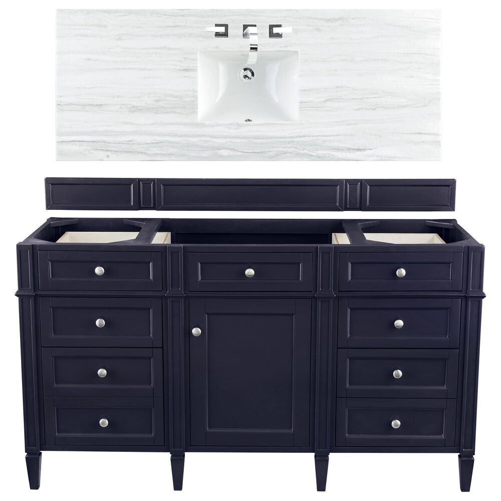 James Martin Vanities Brittany 60" Single Bathroom Vanity in Victory Blue with 3 cm Arctic Fall Solid Surface Top and Rectangle Sink, , large