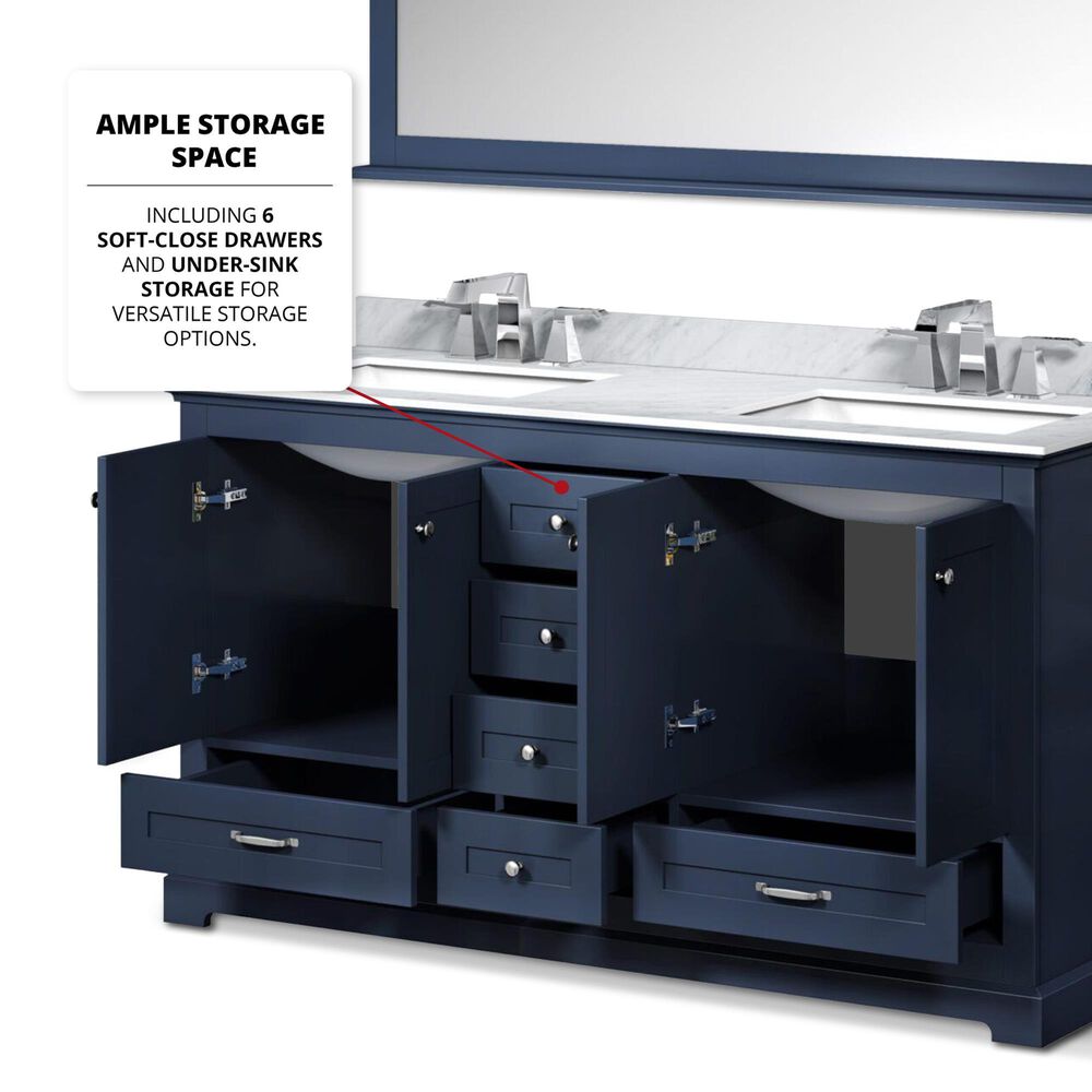 Lexora Home Dukes 60&quot; Double Bathroom Vanity in Navy Blue with 2 cm White Carrara Marble Top and Rectangular Sinks, , large