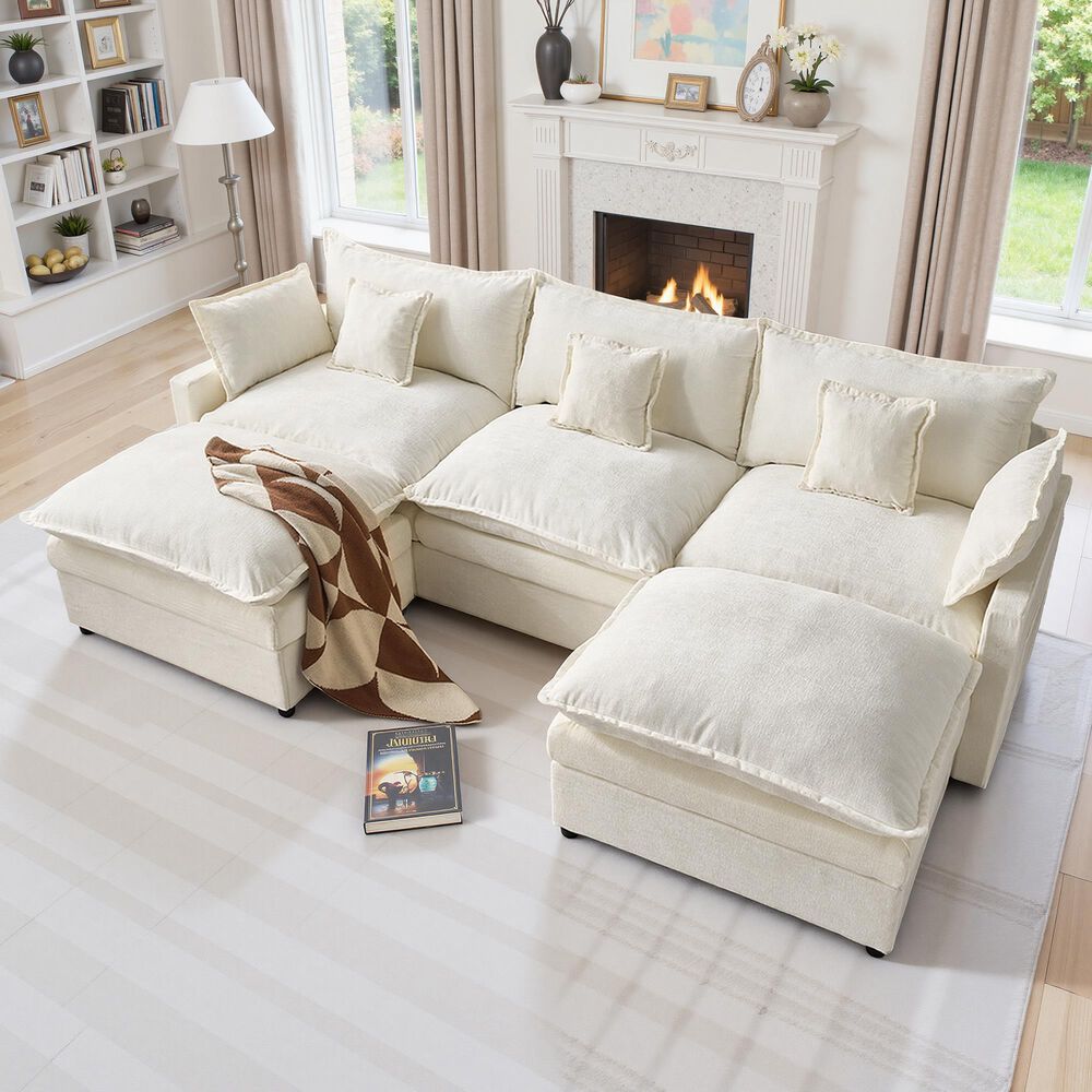 HOMLUX 107.87" Ultra-Comfort Chenille Sectional Sofa Set in White, , large