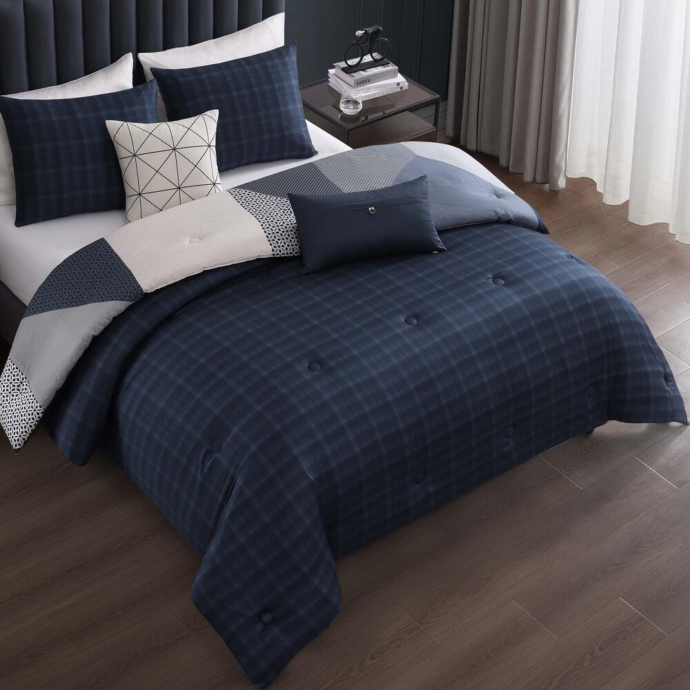 BEBEJAN Geo Fusion 5-Piece Queen Comforter Set in Navy, Grey and Ivory, , large