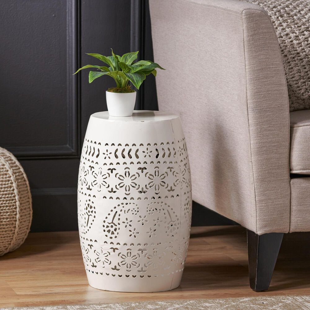 Hearth and Haven Ruby Outdoor Barrel End Table with Lace-Cut Design in White, , large