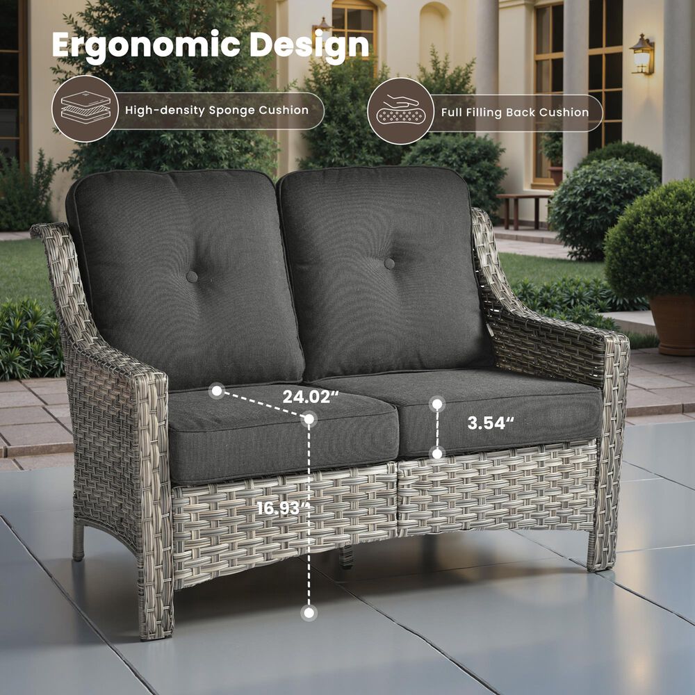 HOMLUX Outdoor Rattan Loveseat with Ergonomic in Black, , large