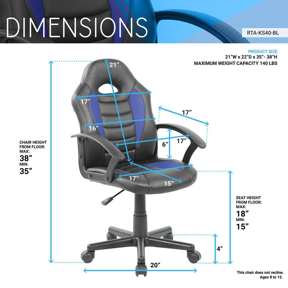 Rta Products Llc Kid&#39;s Gaming and Student Racer Chair with Wheels in Black and Blue, , large