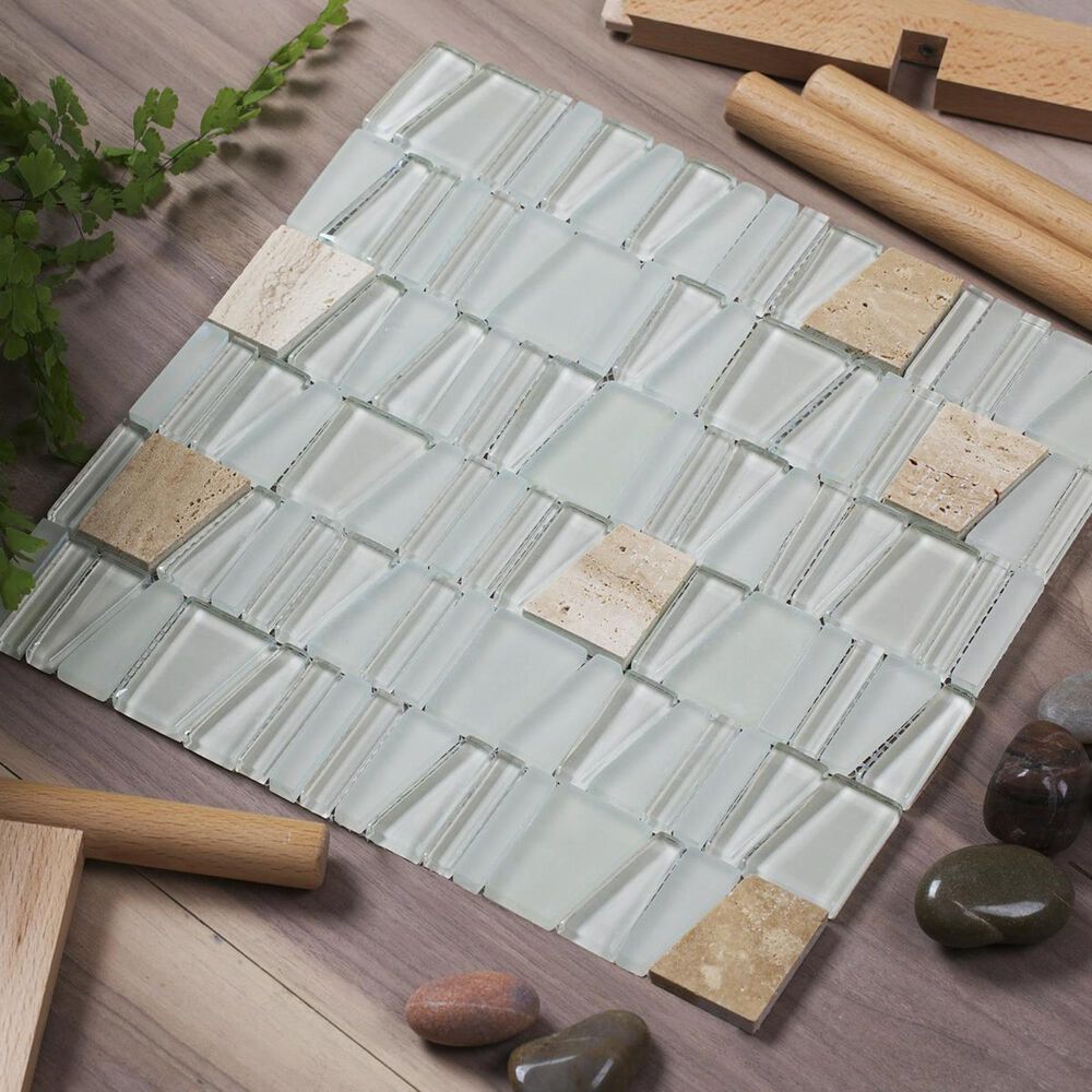 Mirrella Avery Beige and Natural 12" x 12" Glass and Stone Mosaic Tile, , large
