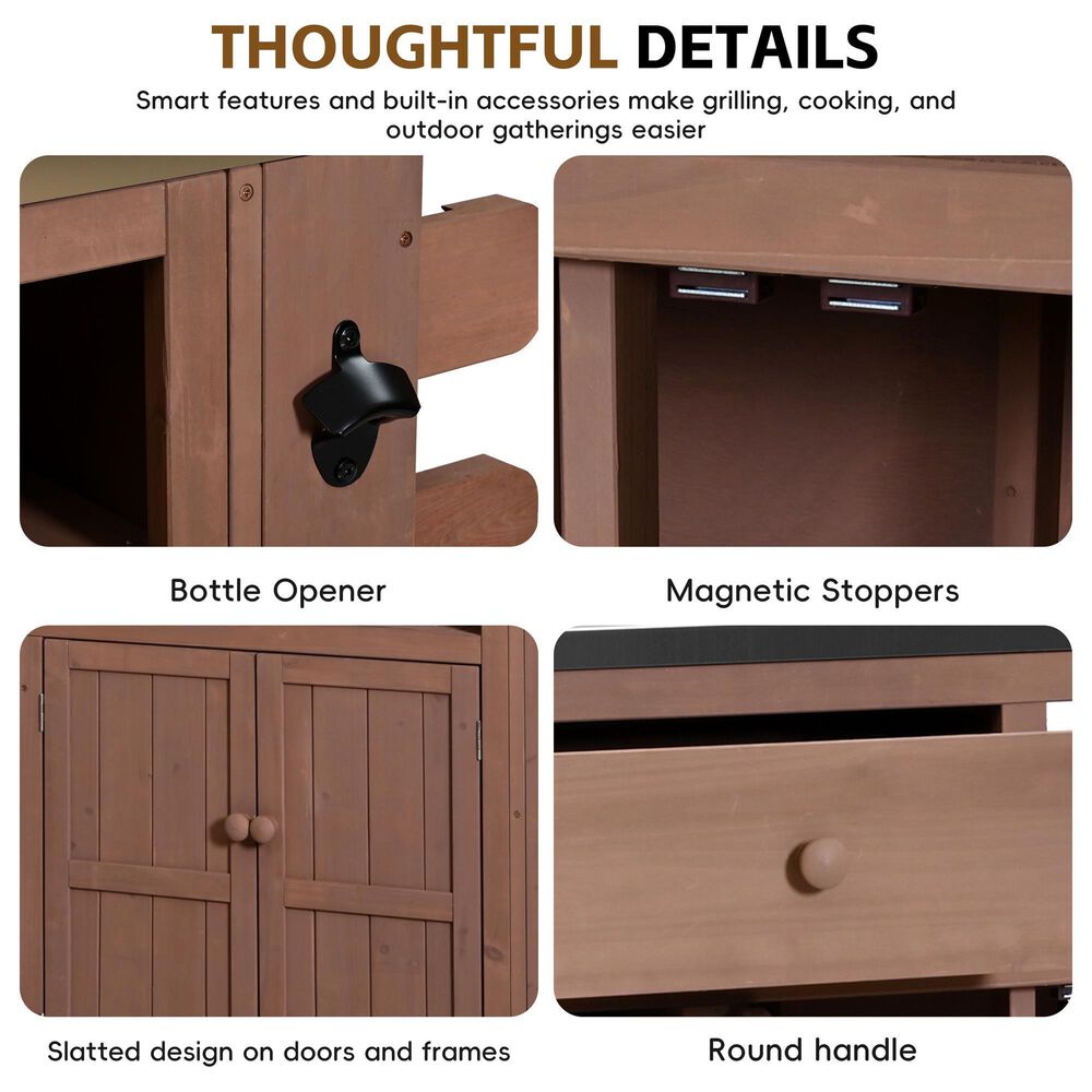 Hearth and Haven Outdoor Kitchen Island Cart with Extendable Stainless Steel Top and Adjustable Shelf in Brown, , large