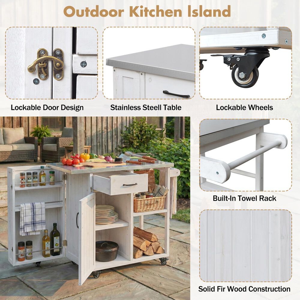 Hearth and Haven Outdoor Kitchen Island Cart with Stainless Steel Top, Towel and Spice Racks in White, , large