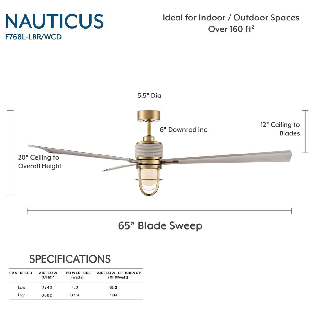 Minka-Aire Nauticus 65" Smart Indoor/Outdoor Ceiling Fan with Warm Coastal Driftwood Blades in Legacy Brass, , large