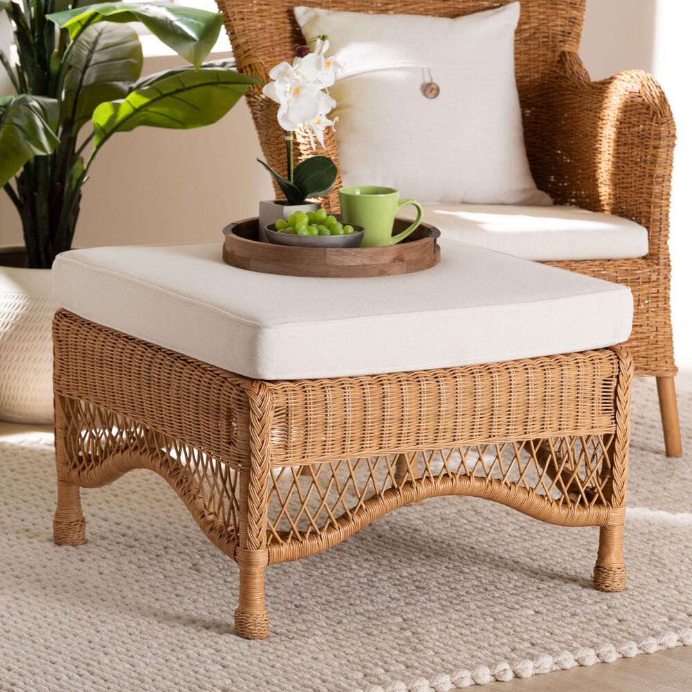 bali &amp; pari Brooklyn Ottoman Stool with Light Honey Rattan in White, , large