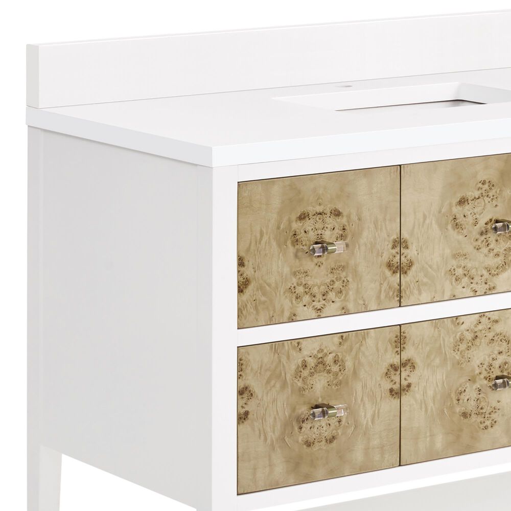 James Martin Vanities Olena 36&quot; Single Vanity in Light Mappa Burl and Polished White with Single Hole 3 cm White Zeus Quartz Top &amp; Backsplash, , large