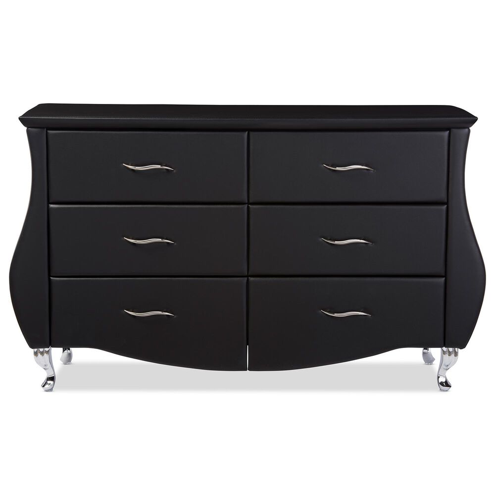 Baxton Studio Enzo 6-Drawer Dresser with Black Upholstered in Stainless Steel, , large