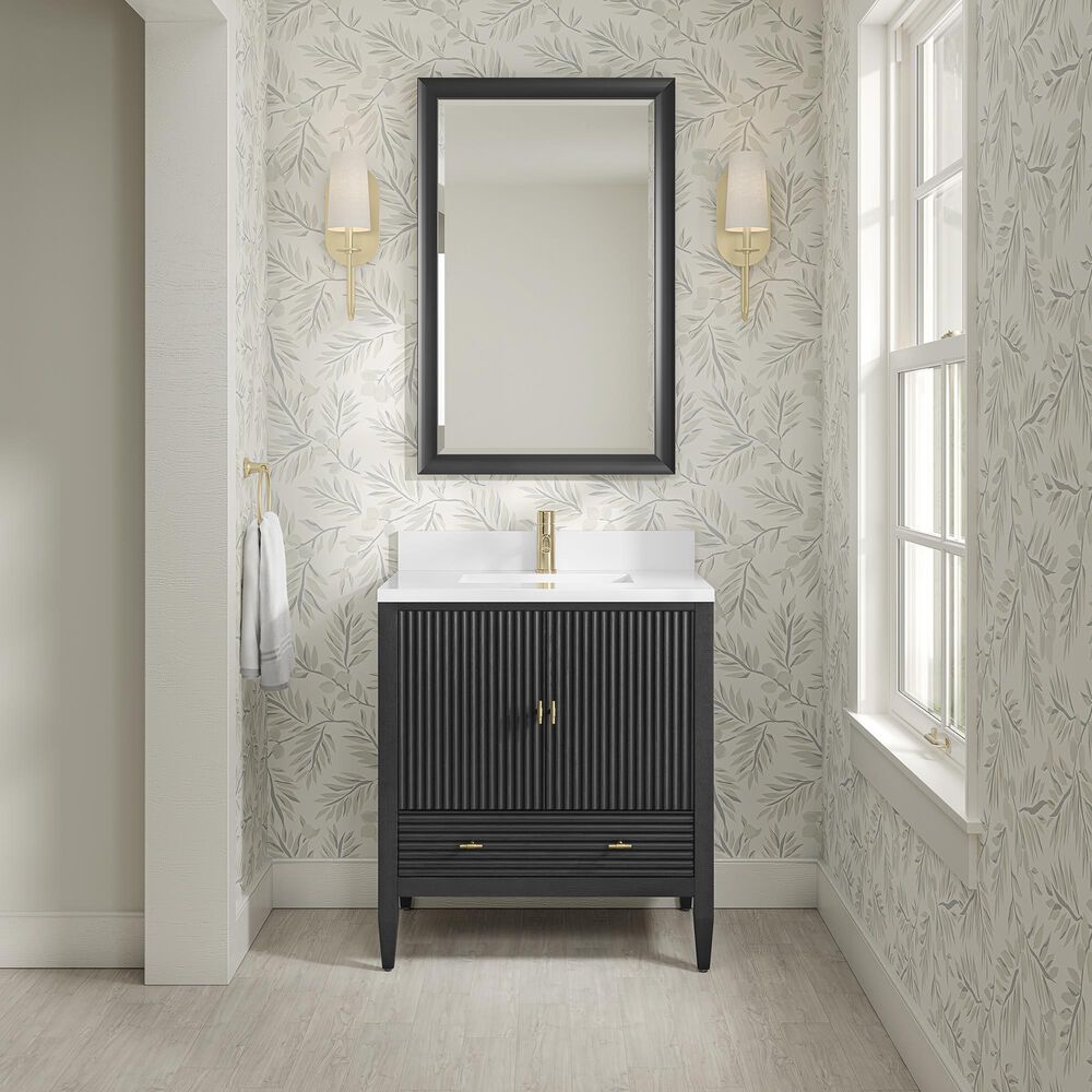James Martin Myrrin 30" Single Bathroom Vanity in Carbon Oak with Single Hole 3 cm White Zeus Silestone Top and Rectangular Sink, , large
