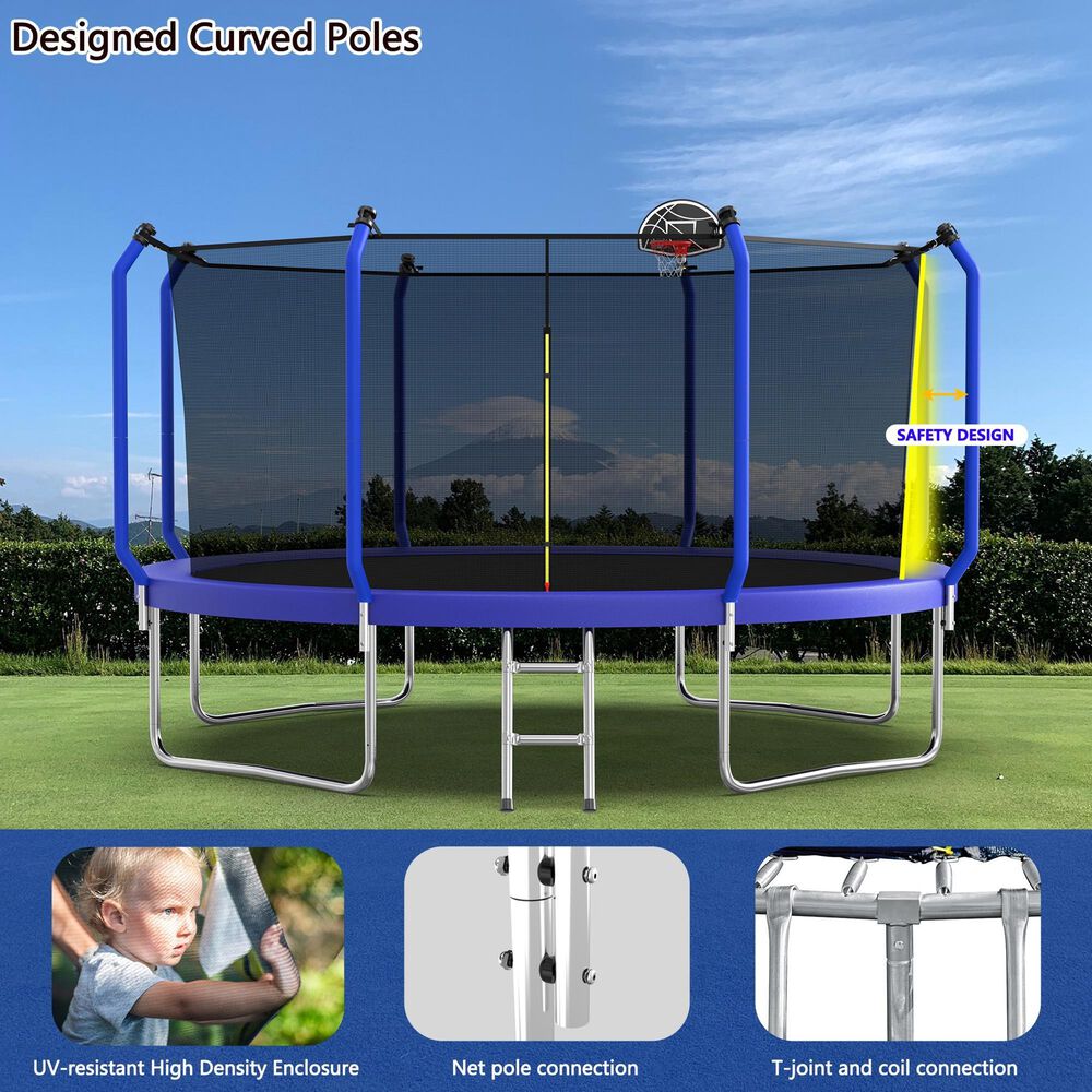 HOMLUX 14' Outdoor Trampoline with Enclosure Net and Ladder in Blue, , large