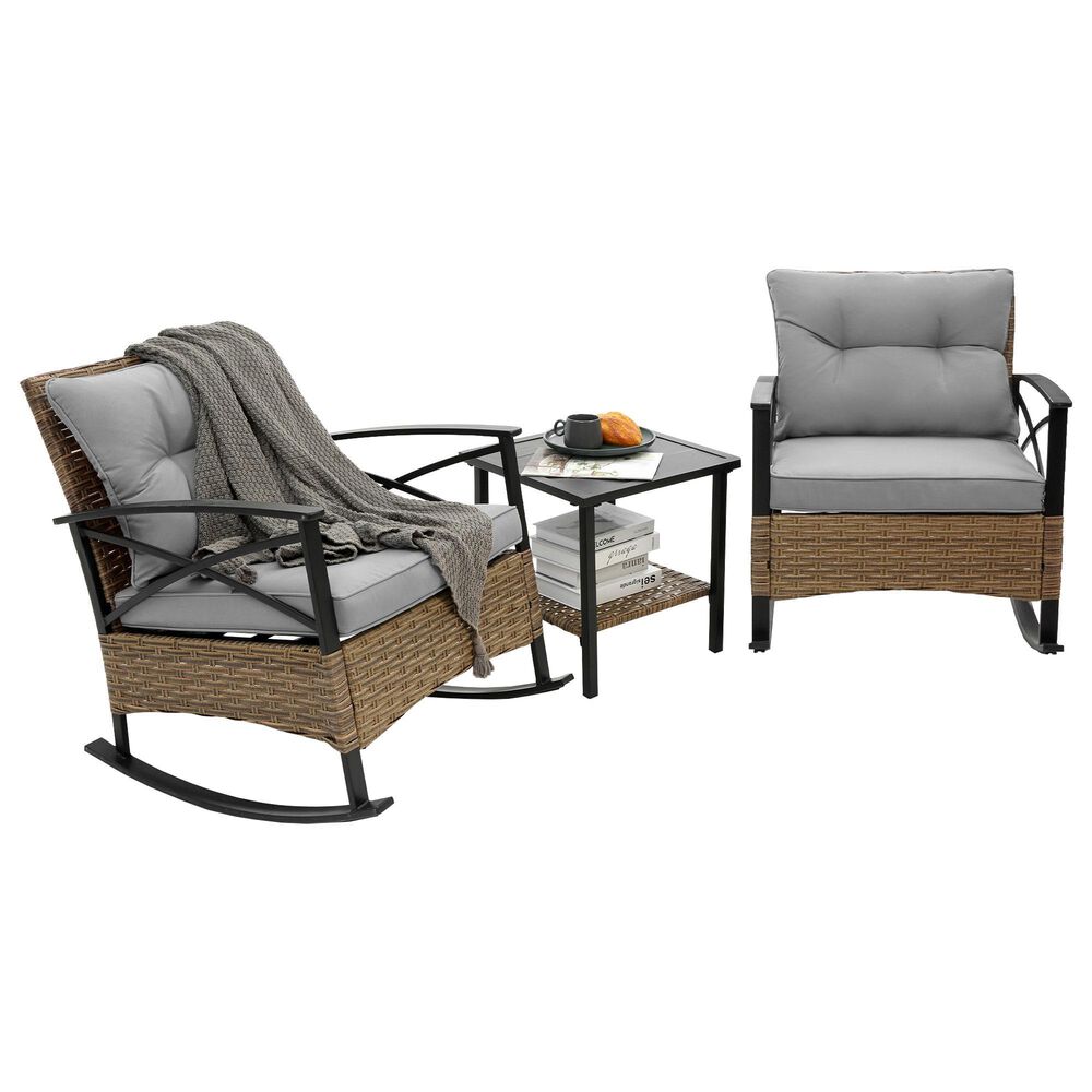 Hearth and Haven 3-Piece Patio Chat Set with Gray Cushion in Black, , large