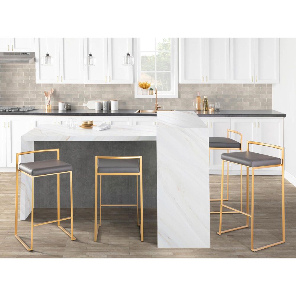 Lumisource Fuji Stackable Barstool with Grey Faux Leather in Gold (Set of 2), , large