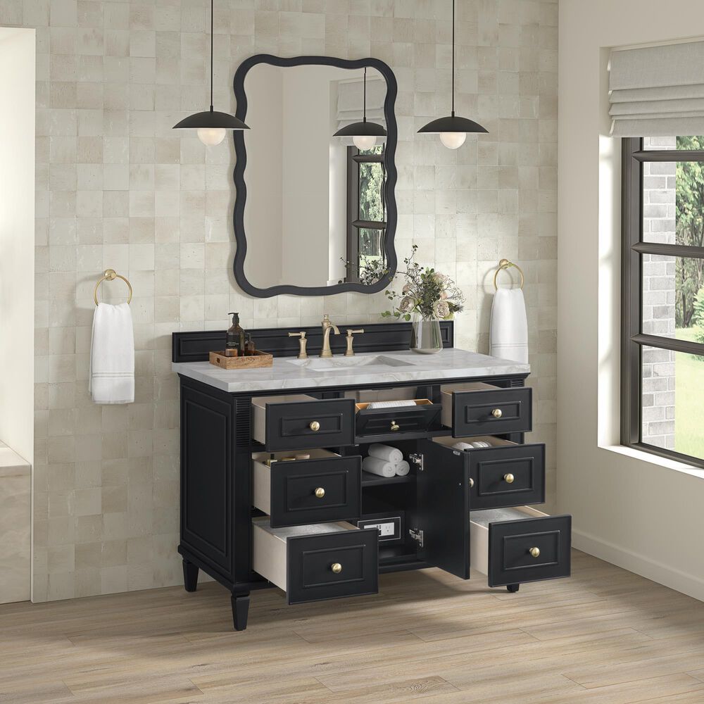 James Martin Vanities Lorelai 48" Single Bathroom Vanity in Black Onyx with 3 cm Eternal Jasmine Pearl Silestone Top, Rectangular Sink and FreePower Wireless Charger, , large