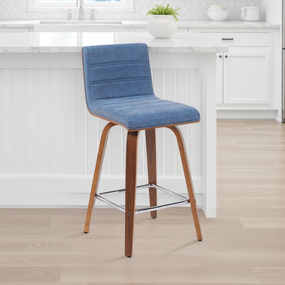 Armen Living Vienna Swivel Counter Height Stool with Vintage Blue Upholstery in Walnut, , large
