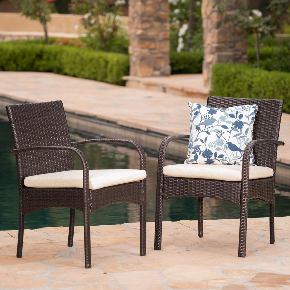Hearth and Haven Cordoba Outdoor Dining Chair with Beige Cushions in Brown &#40;Set of 2&#41;, , large