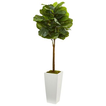 Nearly Natural Inc 4" Fiddle Leaf Artificial Tree in White Tower Planter, , large