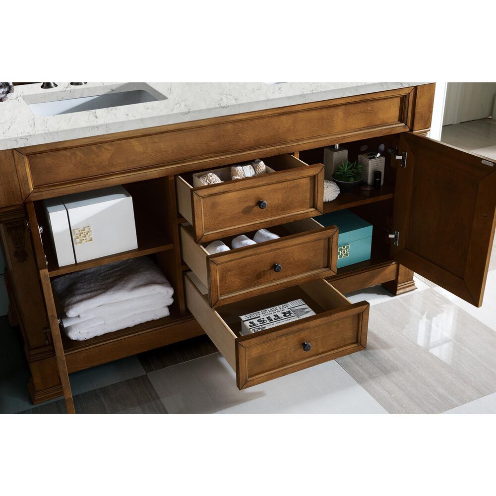 James Martin Vanities Brookfield 60&quot; Double Bathroom Vanity in Country Oak with 3 cm Eternal Jasmine Pearl Quartz Top and Rectangle Sink, , large