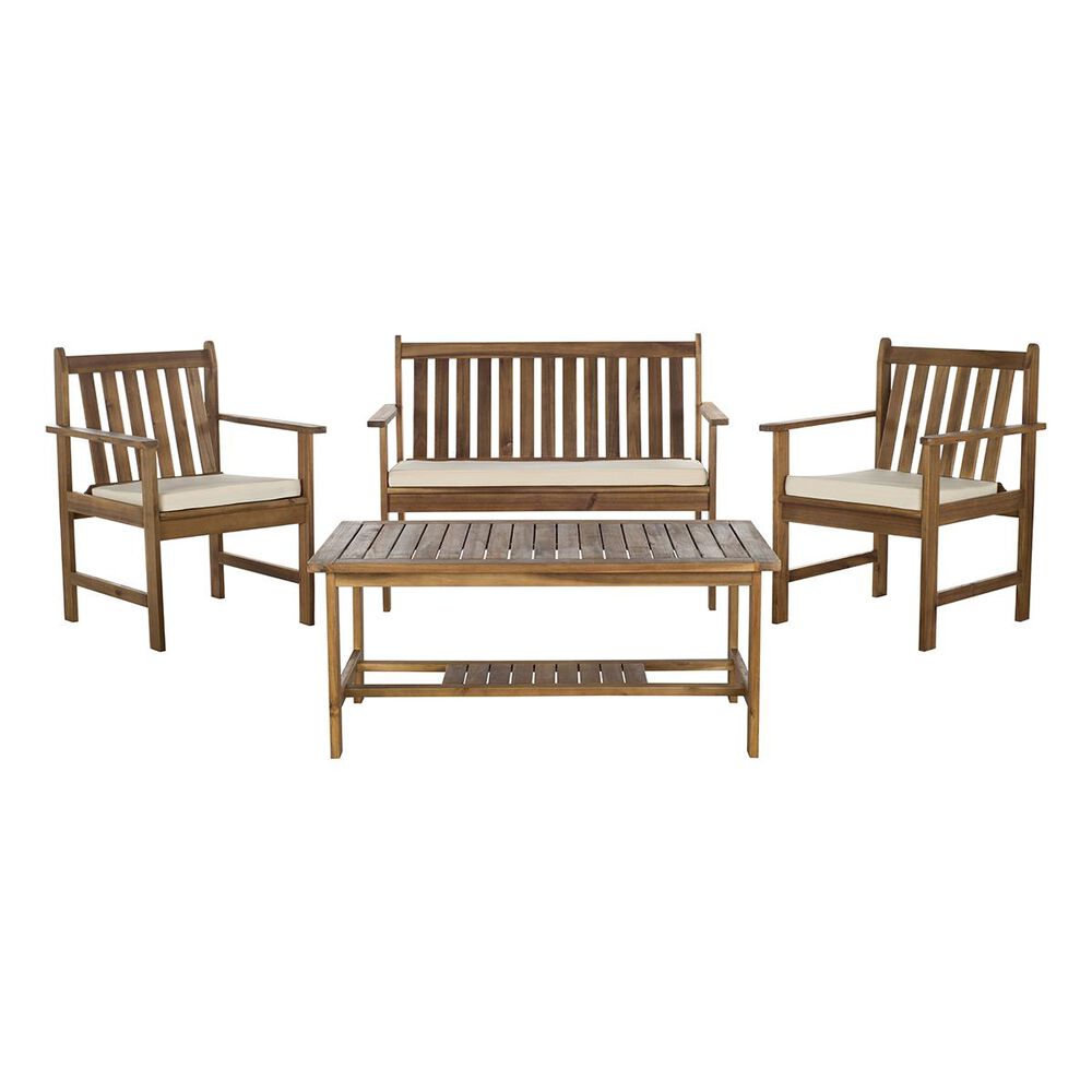 Safavieh 4-Piece Burbank Outdoor Set with Beige Cushion in Teak Brown, , large