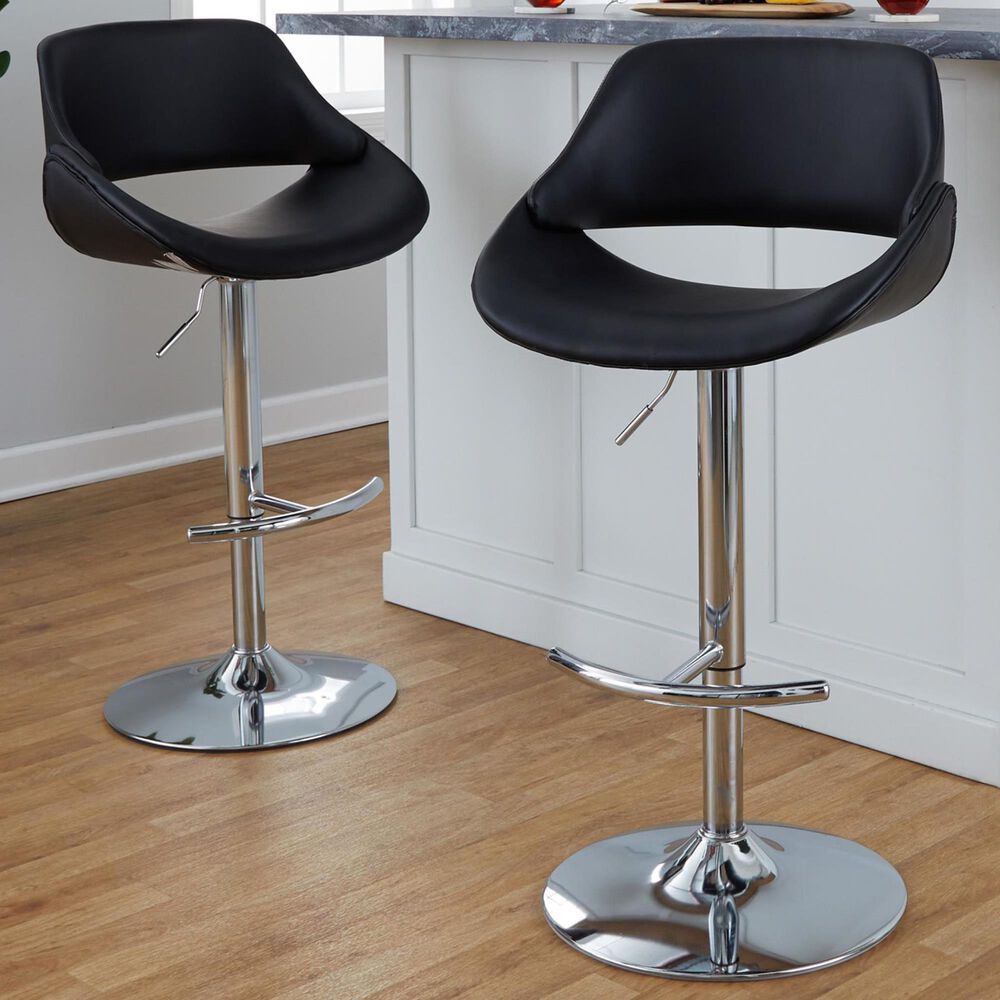 LumiSource Fabrico Swivel Adjustable Bar Stool with Black Faux Leather Upholstery and Rounded T Footrest in Chrome (Set of 2), , large