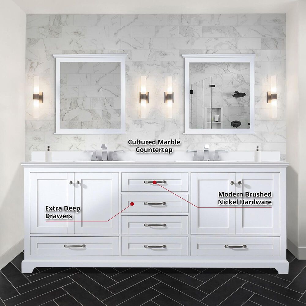 Lexora Home Dukes 84&quot; Double Bathroom Vanity in White with 2 cm White Cultured Marble Top and Rectangular Sinks, , large