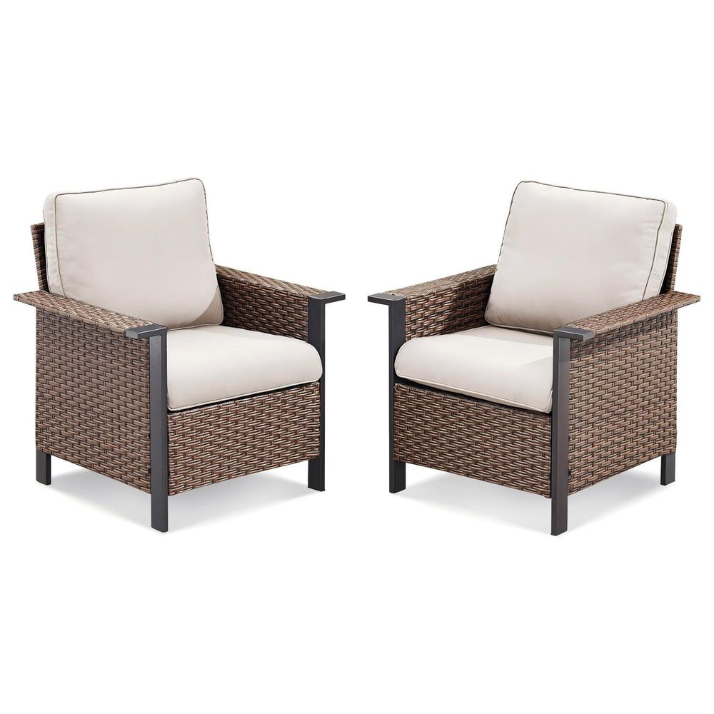 Sunwell Garden Patio Stationary Chair with Brown Frame and Square Armrests in Beige (Set of 2), , large