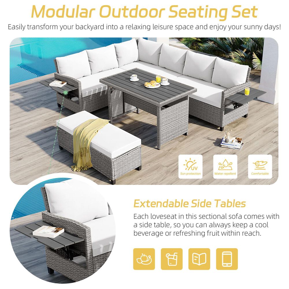HOMLUX 5-Piece Outdoor Conversation Set with 2 Extendable Side Tables and Gray Rattan in White, , large