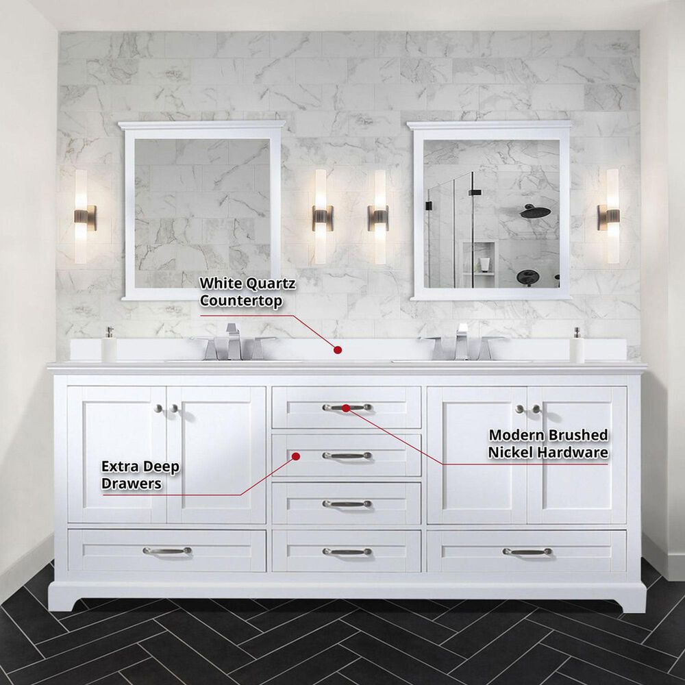 Lexora Home Dukes 80&quot; Double Bathroom Vanity in White with 2 cm White Quartz Top and Rectangular Sinks, , large