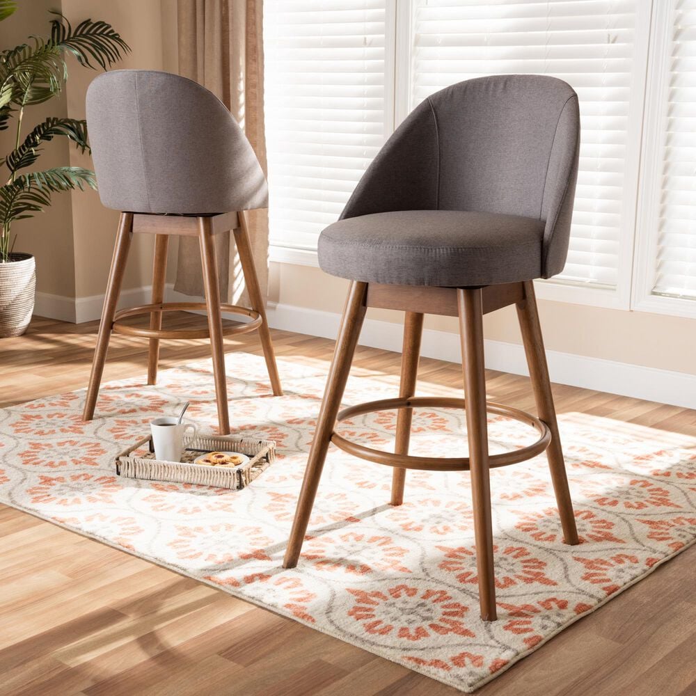 Baxton Studio Carra Swivel Bar Stool with Grey Cushion in Walnut (Set of 2), , large