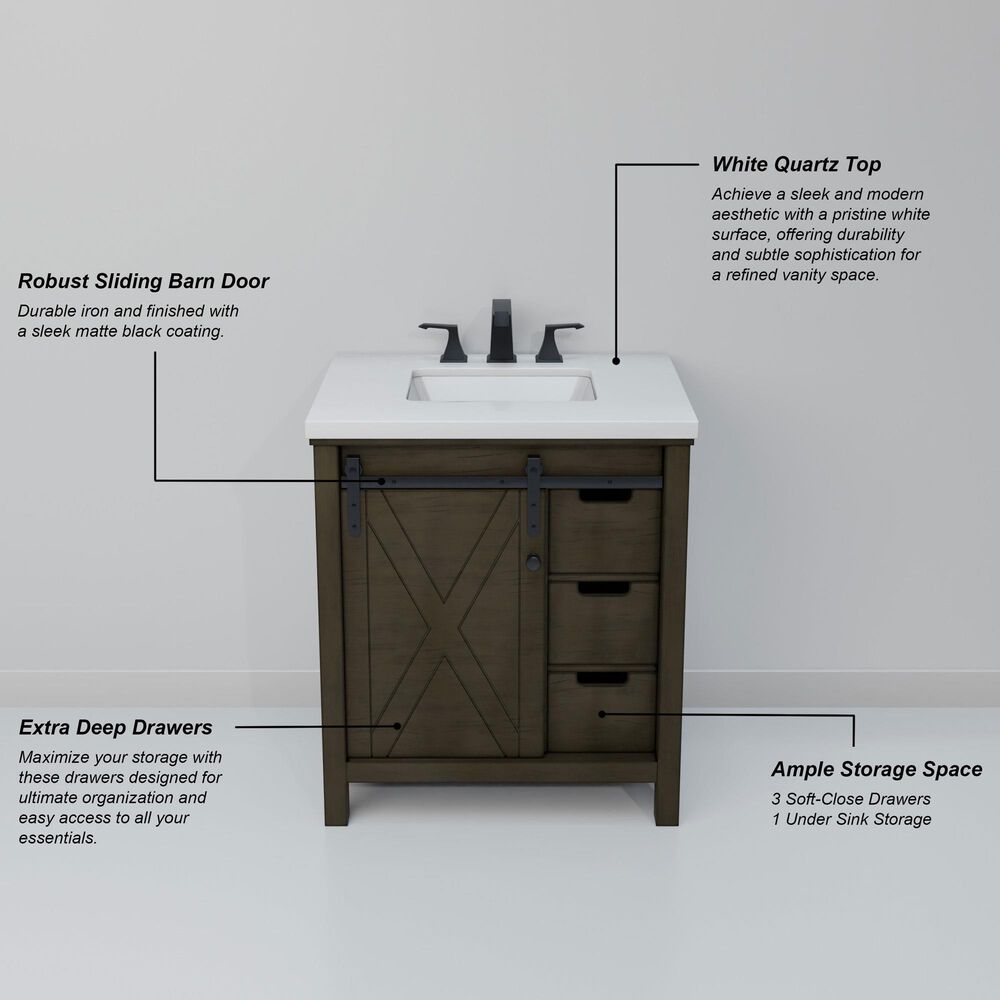 Lexora Home Marsyas 30" Single Bathroom Vanity in Rustic Brown with White Quartz Top and Rectangular Sink, , large