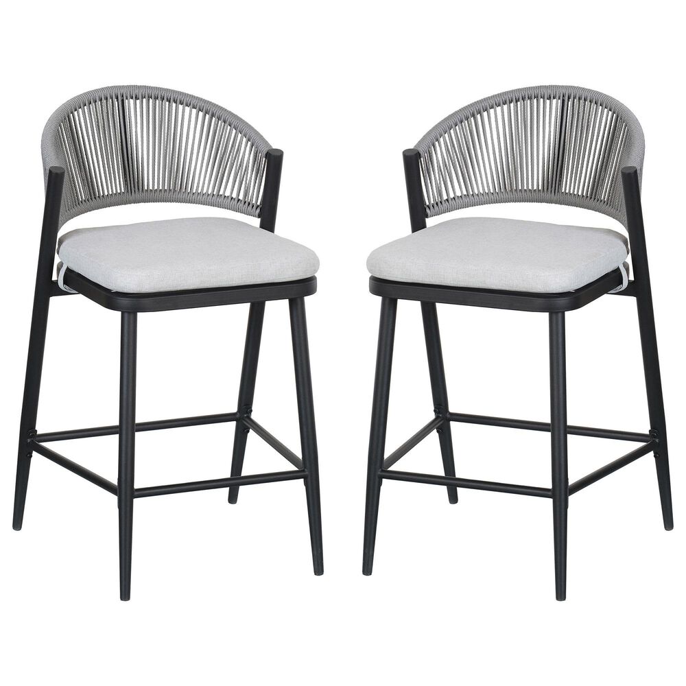 Hearth and Haven 26" Outdoor Counter Stool with Matte Black Frame in Light Gray (Set of 2), , large