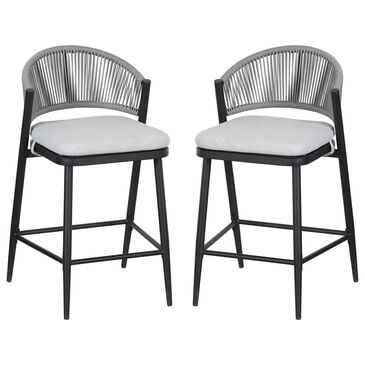 Hearth and Haven 26" Outdoor Counter Stool with Matte Black Frame in Light Gray (Set of 2), , large