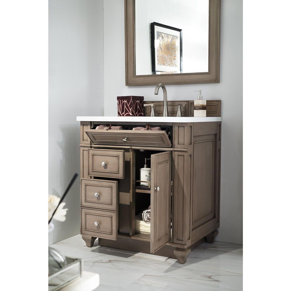 James Martin Vanities Bristol 30&quot; Single Bathroom Vanity in White Washed Walnut with 3 cm White Zeus Quartz Top and Rectangular Sink, , large