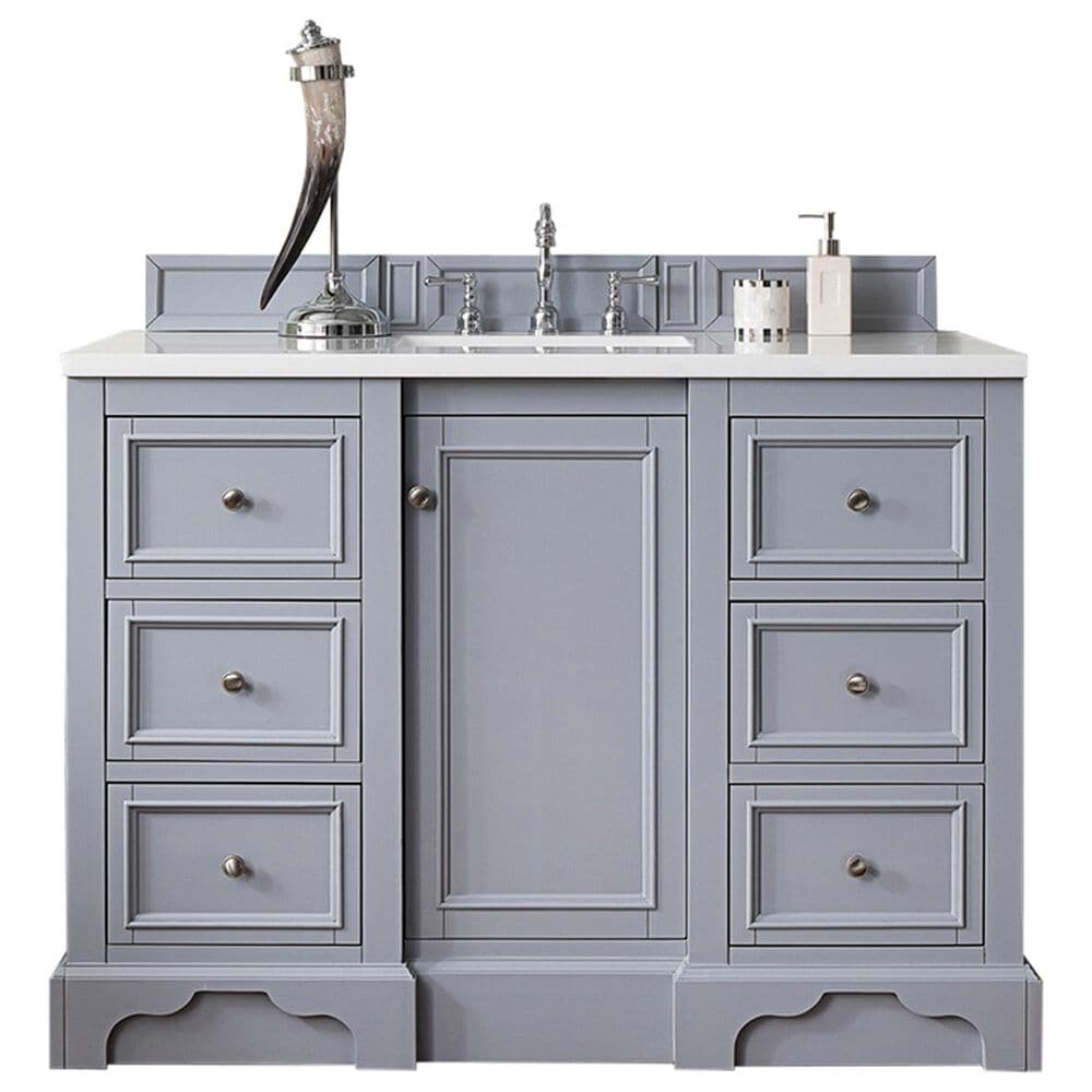 James Martin Vanities De Soto 48" Single Bathroom Vanity in Silver Gray with 3 cm Eternal Jasmine Pearl Quartz Top and Rectangular Sink, , large