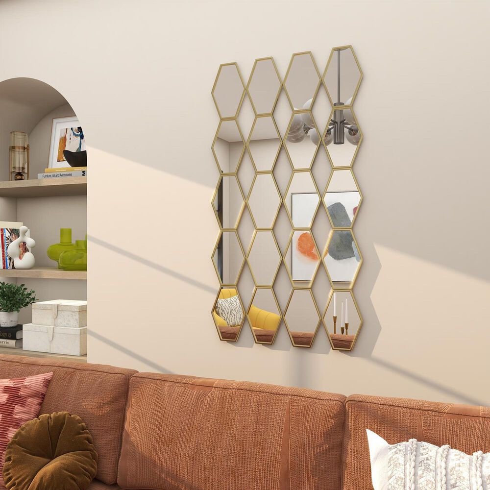 Maple and Jade Metal Geometric Wall Mirror with Diamond and Hexagon Shaped Mirrors in Gold, , large