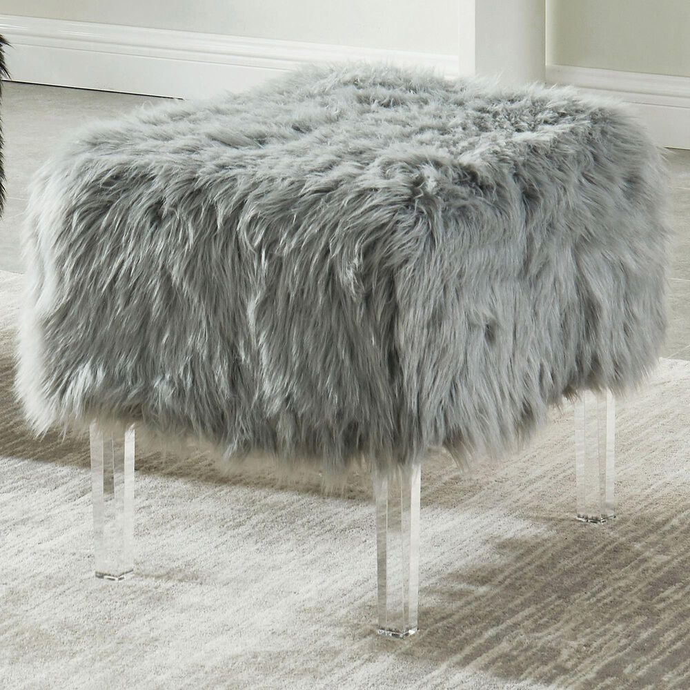 Furniture of America Scherrer Stationary Faux Fur Ottoman in Grey, , large