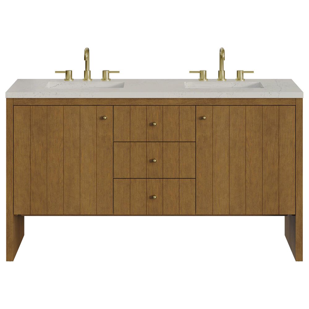 James Martin Hudson 60" Double Bathroom Vanity in Honey Oak with 3 cm Siberian Silestone Top and Rectangular Sinks, , large