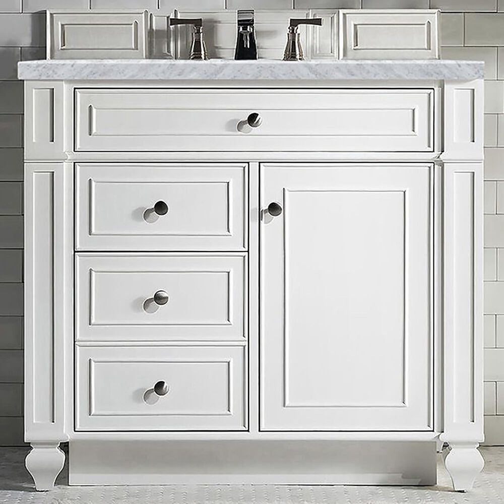 James Martin Vanities Bristol 36&quot; Single Bathroom Vanity in Bright White with 3 cm Carrara White Marble Top and Rectangular Sink, , large