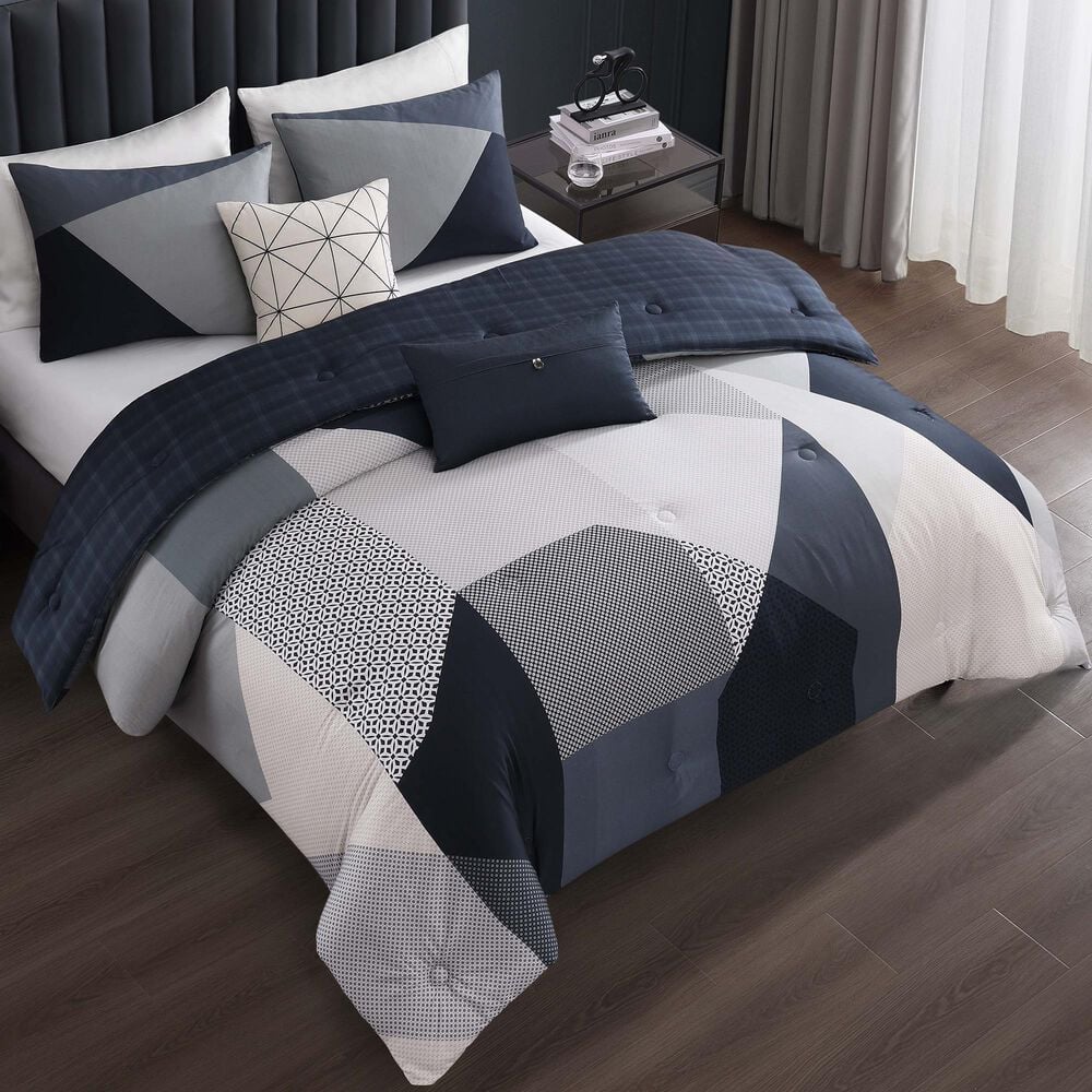 BEBEJAN Geo Fusion 5-Piece Queen Comforter Set in Navy, Grey and Ivory, , large