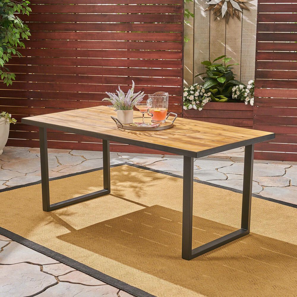 Hearth and Haven Outdoor 70 Inch Dining Table with Wood Top and Sled Base in Teak and Black, , large
