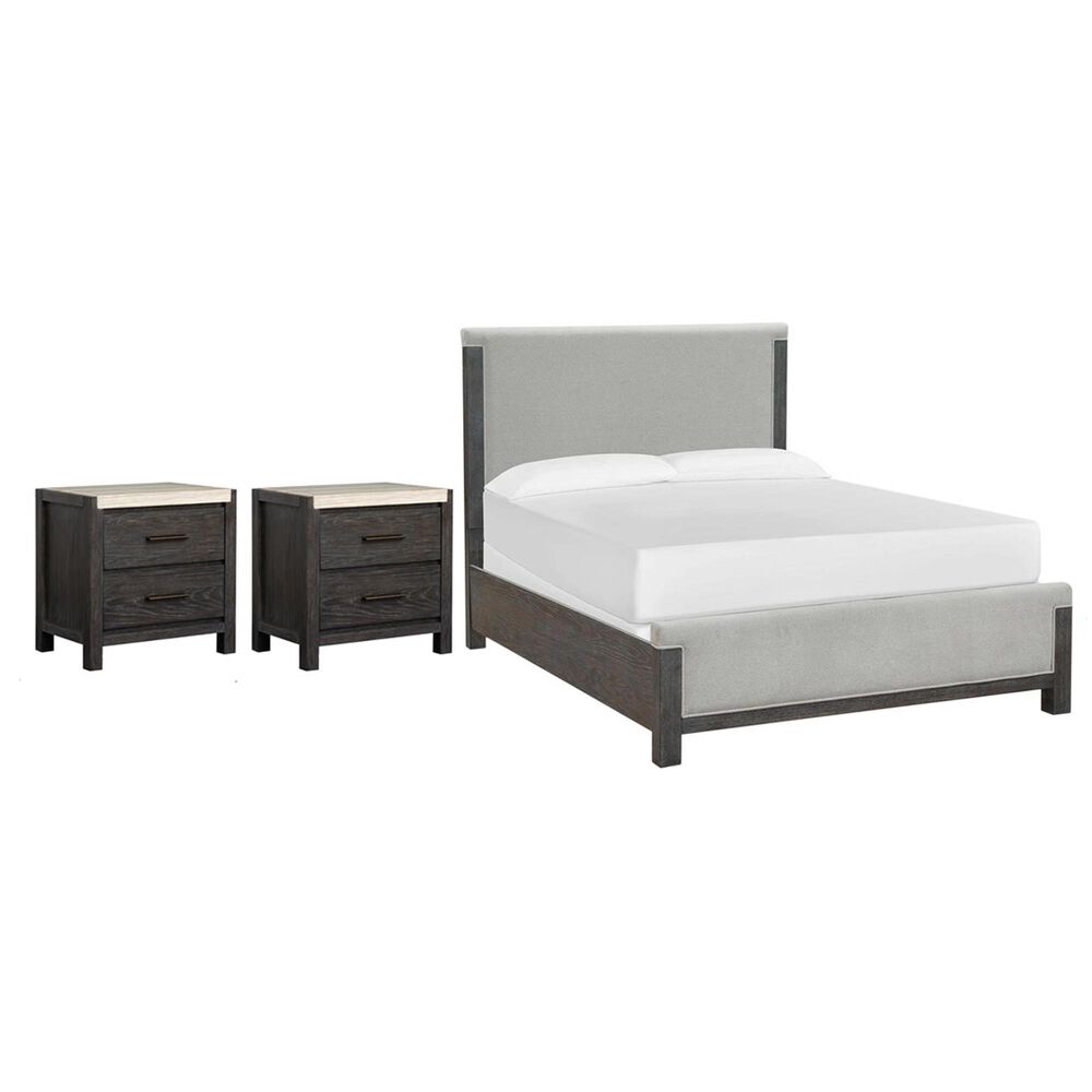 Nicolette Home Plum Creek Queen Upholstered Panel Bed with Two Nightstands in Ravenwood Black, , large