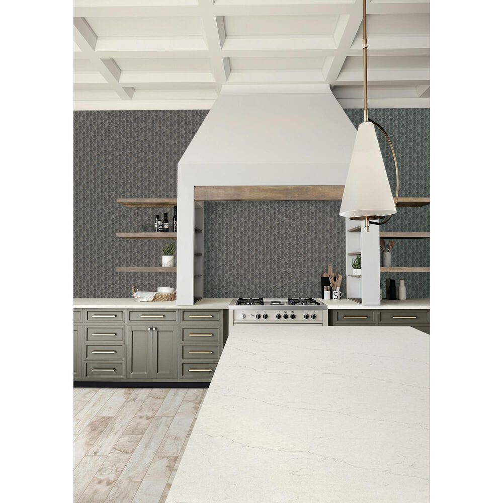 Dal-Tile Artefino Jewel Antiqued Brass 2.5" Framed Hexagon on 12" x 14" Porcelain Mosaic Sheet, , large