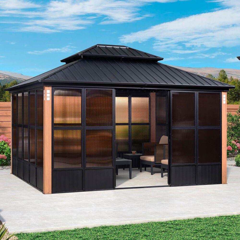 HOMLUX 12' x 14' Outdoor Hardtop Sunroom Gazebo with Aluminum Frame in Black, , large
