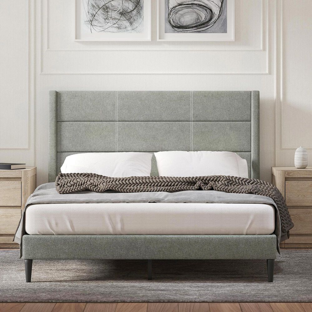 Glideaway Pax Queen Upholstered Platform Wingback Bed in Stone Mist, , large