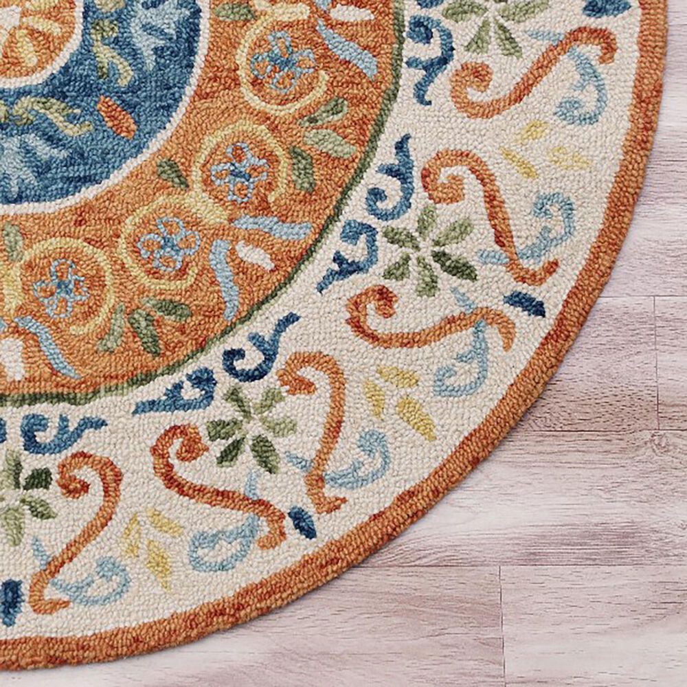 L&amp;R Resources Sinuous Leon Medallion 6&#39; Round Orange, Cream, Blue and Green Area Rug, , large