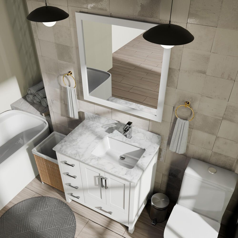 Lexora Home Jacques 36&quot; Right Offset Single Bathroom Vanity in White with 2 cm White Carrara Marble Top and Rectangular Sink, , large