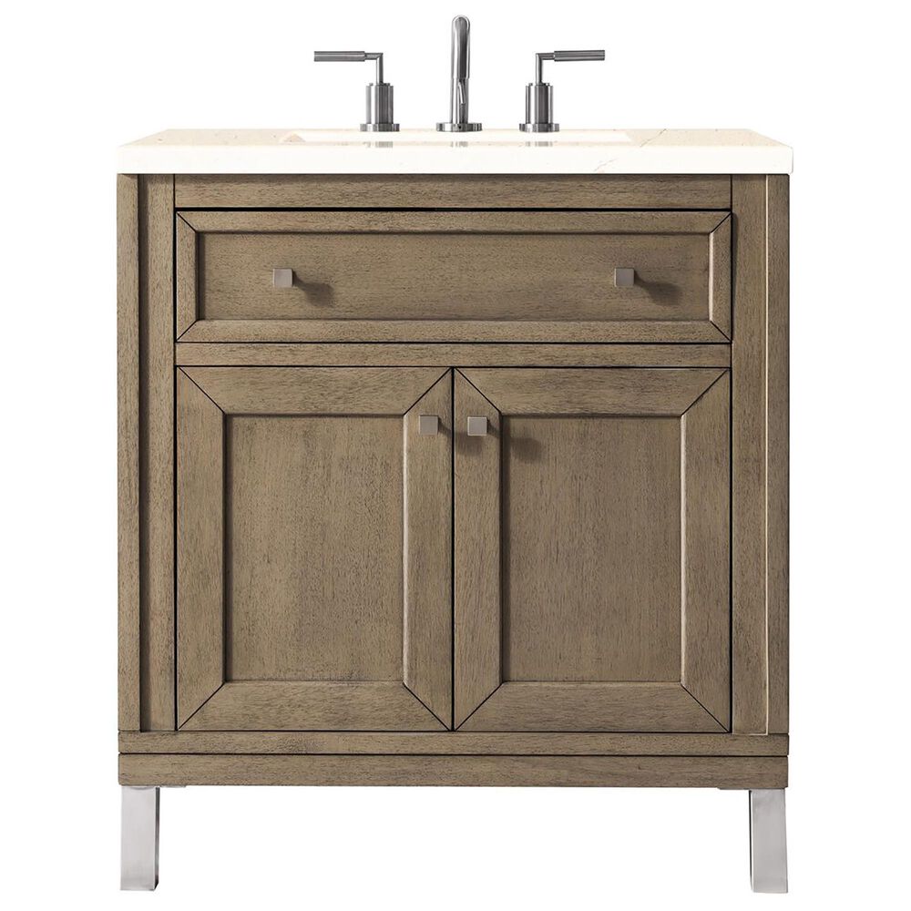 James Martin Vanities Chicago 30" Single Bathroom Vanity in Whitewashed Walnut with 3 cm Eternal Marfil Quartz Top and Rectangular Sink, , large