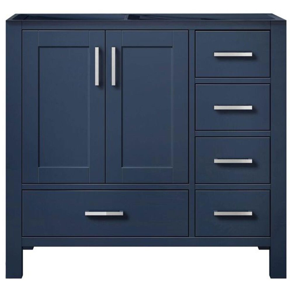 Lexora Home Jacques 36&quot; Left Offset Single Bathroom Vanity in Navy Blue with 2 cm White Carrara Marble Top and Rectangular Sink, , large